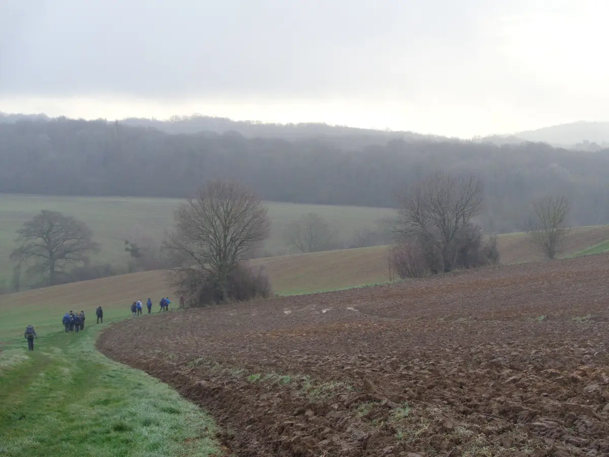 Des randonneurs dans les champs du Vexin en hiver